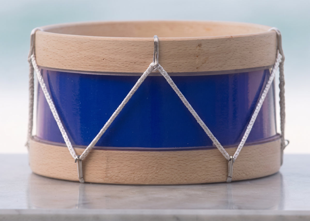 Tambor de tamborrada infantil de 15x10 cm, azul con aros de madera
