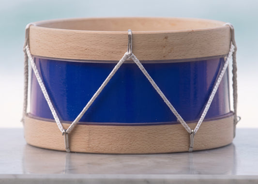 Tambor de tamborrada infantil de 15x10 cm, azul con aros de madera