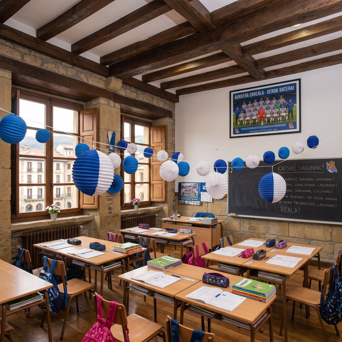 Farolillos blancos y azules colgados como decoración